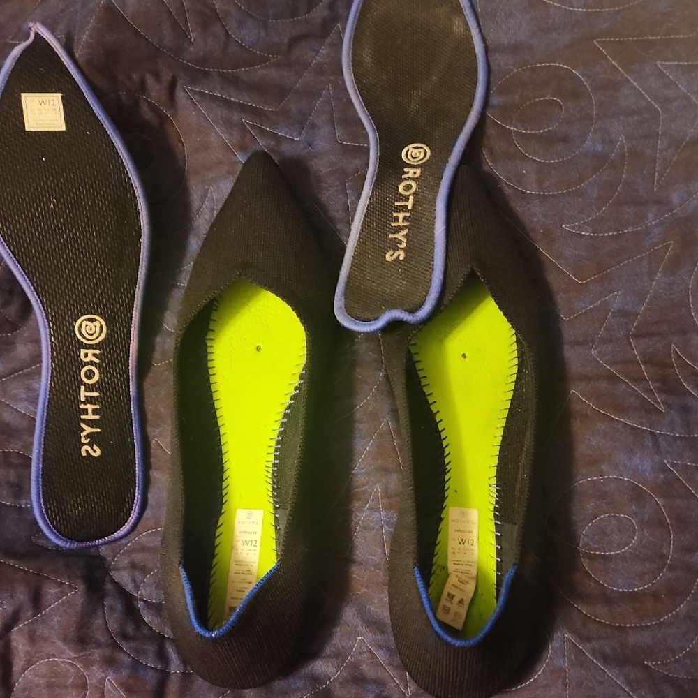 Rothy's Black Flats with Neon Yellow Interior